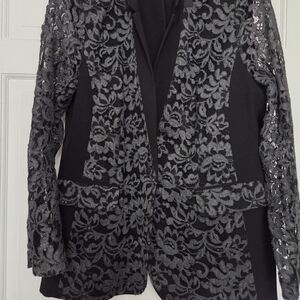 Black Lace-Overlay Women's Blazer Jacket